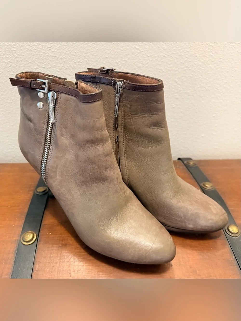 Donald J Pliner Taupe Leather Ankle Booties with Zip and Buckle